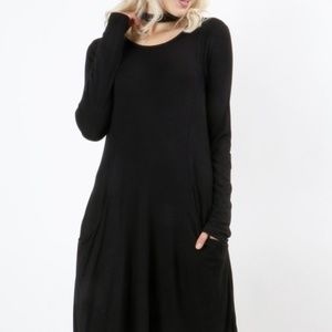 Casual Black Long Sleeve Tunic Swing Dress